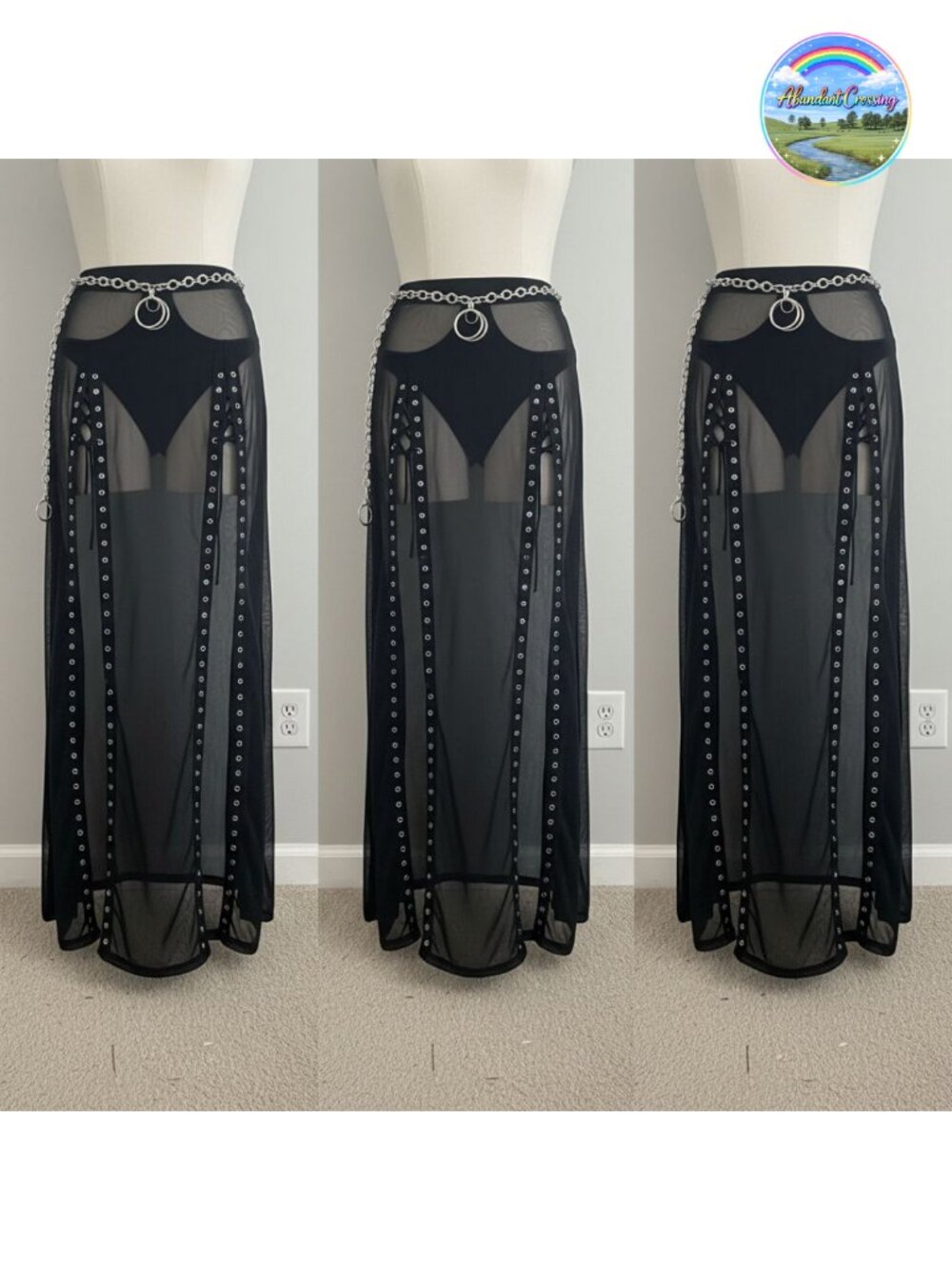 Goth Double Slit Maxi Skirt Sheer Mesh High Waist Long Split